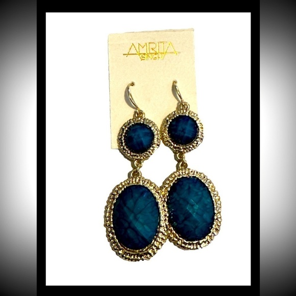 AMRITA SINGH EARRINGS DANGLE DROP GOLD PLATED LONG BLUE 0697 R - Picture 1 of 8